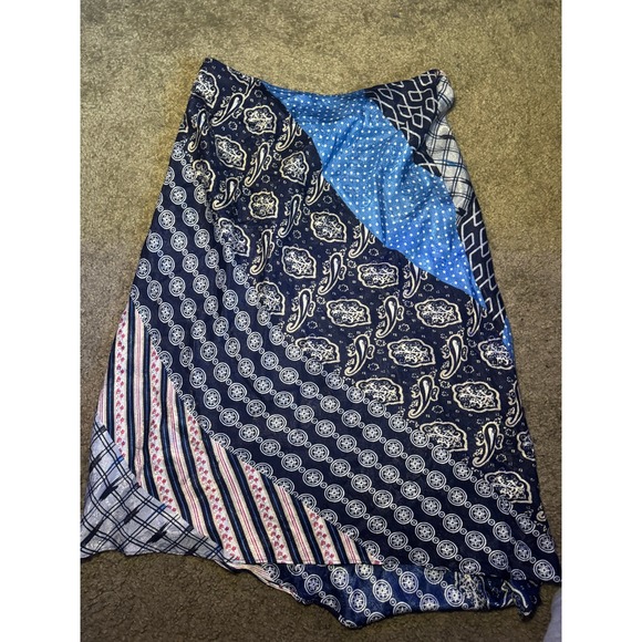 Boho Patchwork Handkerchief Hem Midi Skirt Navy Blue Paisley Mixed Print Women - Picture 3 of 4